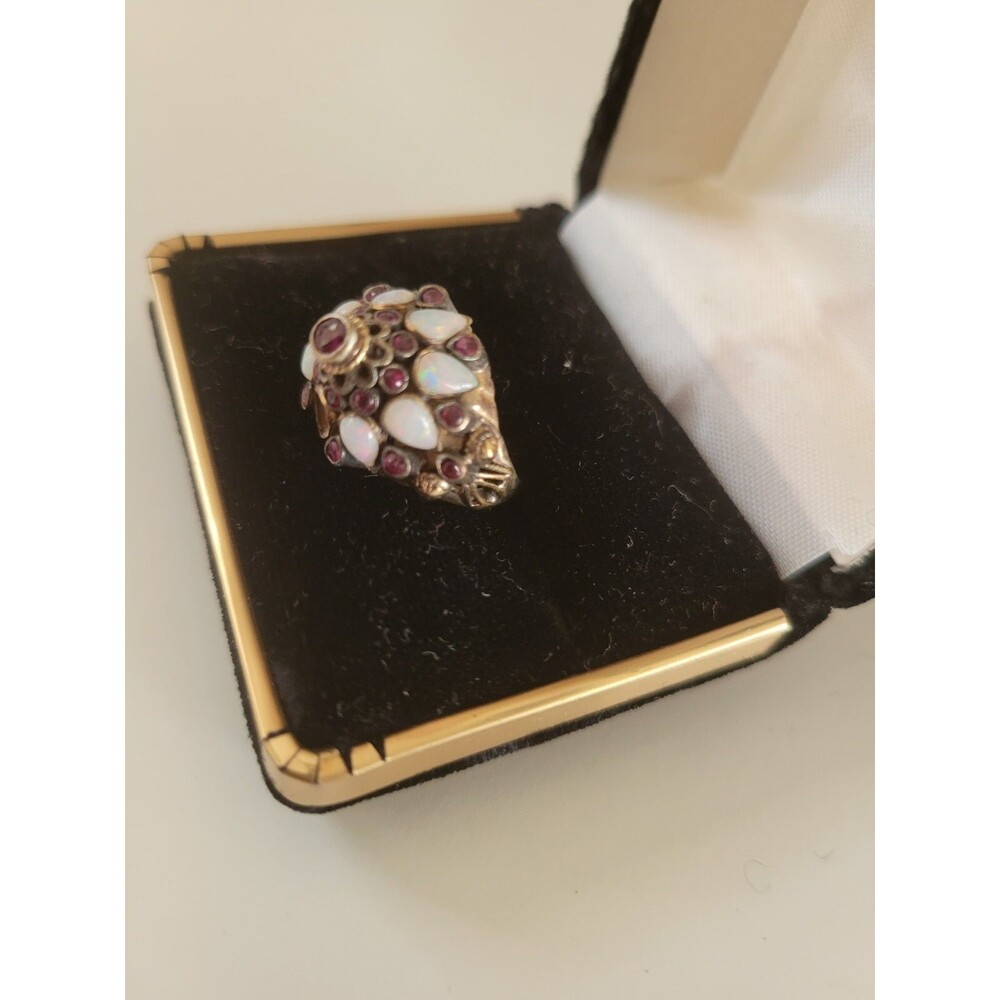 Vintage Mid Century Opal & Garnet 18K Gold Ring Harem Dome Cluster 17mm sz 6.5/7